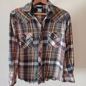 Wrangler Mens Plaid Flannel Pearl Snap‎ Western Long Sleeve Shirt Medium